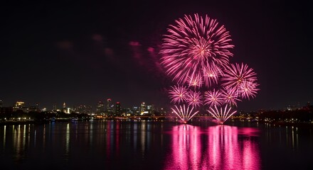Long-exposure shot of pink heart-shaped fireworks bursting over a city river