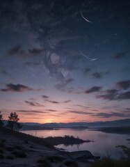 Fototapeta premium Twilight sky with crescent moon and star trails, astrophotography, beauty