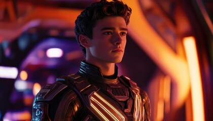 Young man in futuristic armor stands in a spaceship interior