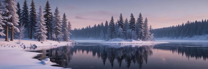 Obraz premium Twilight over snow-covered trees surrounding frozen lake, tranquil setting, snowy branches, twilight sky