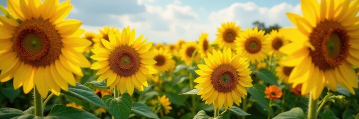 Fototapeta premium sunflower field with yellow and orange roses blooming, garden, yellow, orange