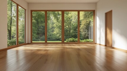 Fototapeta premium Empty Modern Interior Room With Large Windows And Green Trees View
