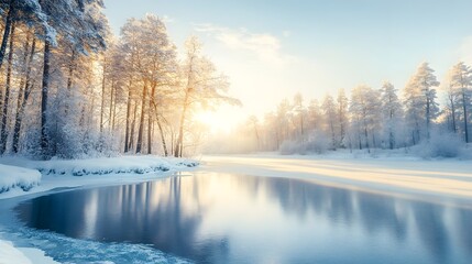 Snowy trees frame a frozen river under a cold, blue winter sky