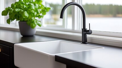 Modern Farmhouse Kitchen Sink with Black Faucet and Basil Plant