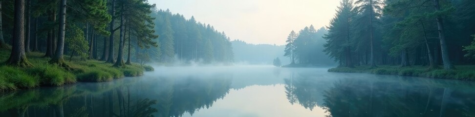 Fototapeta premium Serene lake reflected in misty swamps among pine trees, mist, lakes,