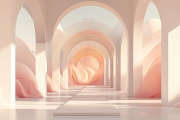 Obraz premium Serene architectural space with soft curves abstract gallery digital art minimalist design indoor perspective