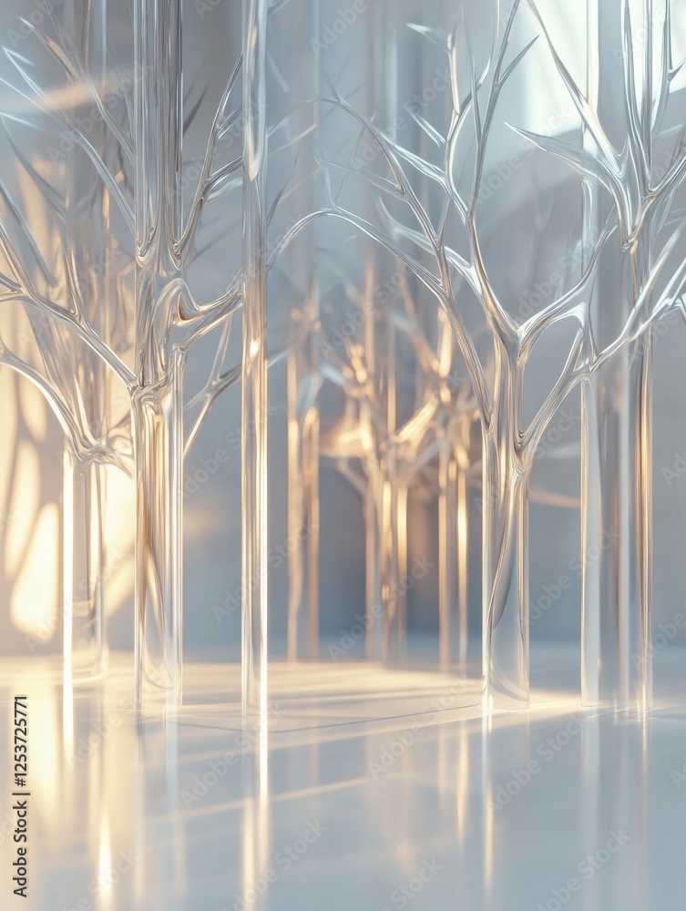 Aufkleber Glowing reflections enhance the beauty of an abstract glass forest with unique tree shapes in a serene light setting. Generative AI