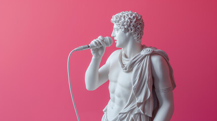 Ancient greek god white sculpture holding microphone on pink background