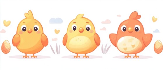 Three cheerful cartoon chickens stand side by side, surrounded by colorful hearts, conveying a sense of friendship and joy in a playful atmosphere.