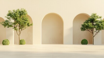 Fototapeta premium Modern architectural design with arched walls and greenery minimalist space urban environment