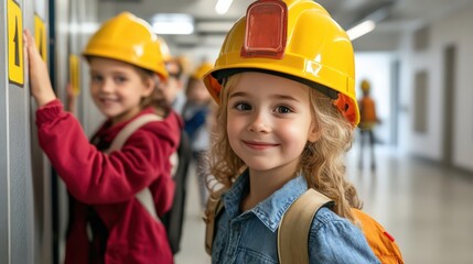 A fire safety training session in a school, children learning how to use emergency exits