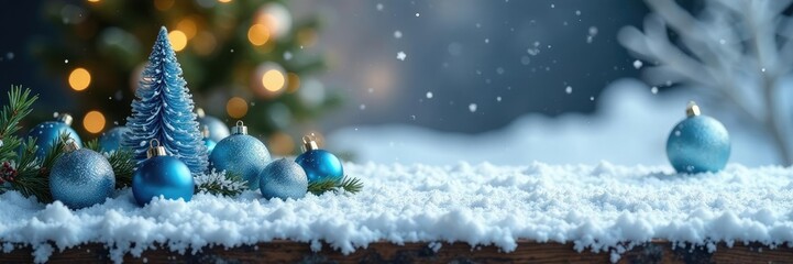 A snow-covered table with blue and white decorations, cozy, winter, Christmas