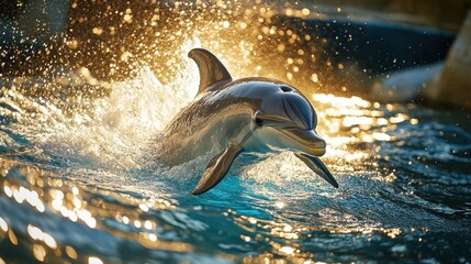 Fototapeta premium Majestic Dolphin Leaping Through Sparkling Water in a Natural Habitat, Capturing the Grace and Beauty of Marine Wildlife