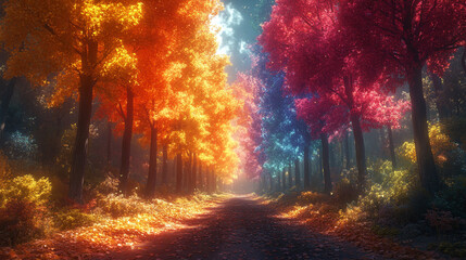 Obraz premium Colorful autumn pathway through vibrant trees illuminated by soft sunlight