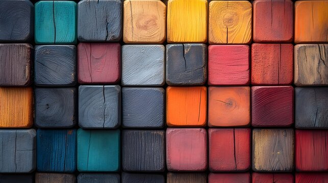 Colorful Wooden Blocks Organized in a Symmetrical Grid Display
