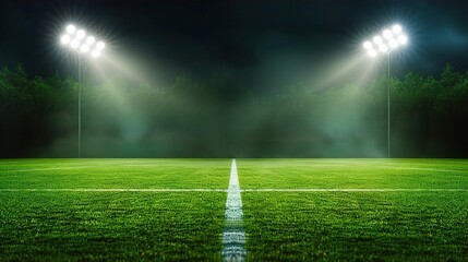 Obraz premium Illuminated soccer field at night, showcasing vibrant green grass and shining floodlights. ground level shot