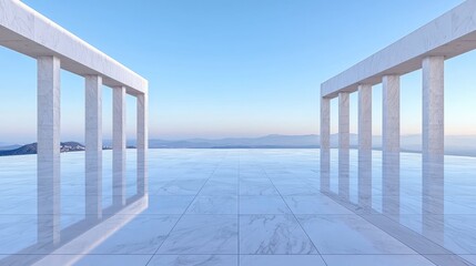 Fototapeta premium Mountaintop marble terrace, serene sunrise view, minimalist architecture, ideal for luxury real estate