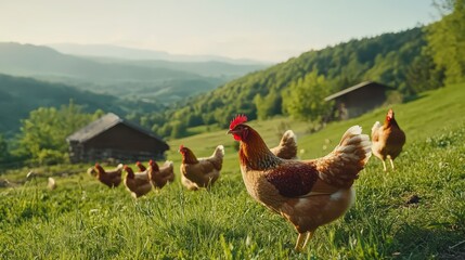 A flock of hens pecking at the ground in an open, green pasture