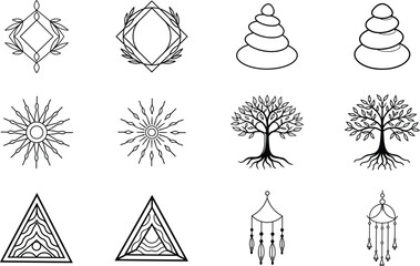 Bohemian Geometric Line Art Sun, Tree, Zen Stones, Dreamcatchers