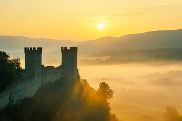 Fototapeta premium Fortress towers rising above mist-covered hills at dawn.