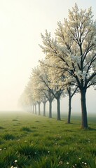 Obraz premium Row of blooming almond trees fading into a white haze, serene landscape, springtime, California landscape