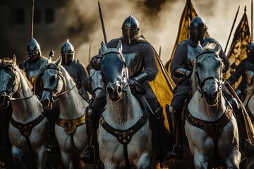 Naklejka premium Group of chivalric knights preparing for a ceremonial parade.