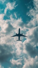Airplane in the sky, bottom view, flying through clouds, dramatic aviation landscape, mystical atmosphere, light through clouds, airplane in clouds, aviation, sky journey, air travel.