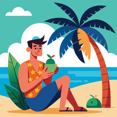 a man is enjoying the summer under the palm tree with a coconut