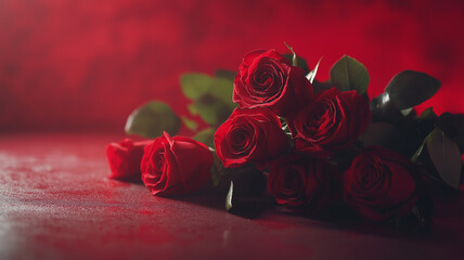 Bukiet czerwonych walentynkowych róż na czerwonym tle. Róża. Walentynki