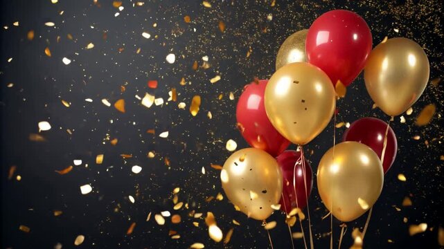 Bright red and gold balloons with falling confetti create a festive atmosphere for celebrations and special events