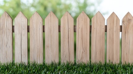 Fototapeta premium Wooden fence in a grassy yard with a blurred background. Possible use for home design or gardening