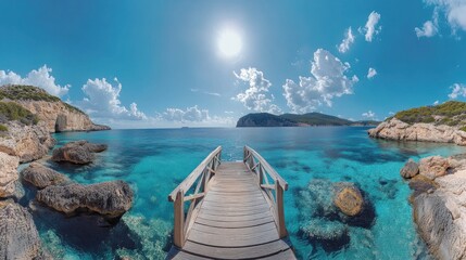 Fototapeta premium Wooden pier turquoise ocean cove sunny day