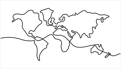 World map continuous one line drawing. World map continent line symbol. Continuous line design graphic illustration