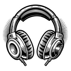 Vintage Style Headphones Illustration Black and White Graphic Design Audio Music Technology