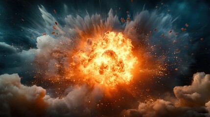 A gas explosion captured in slow motion, flames and debris expanding outward in dramatic motion