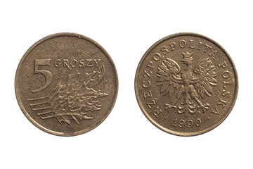Coin 5 Groszy 1990. Coin of Poland. Coin 5 groszy 1990 Obverse and Reverse on white background