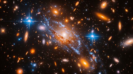 Stunning view of a spiral galaxy surrounded by distant stars and cosmic phenomena in space