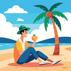 a man is enjoying the summer under the palm tree with a coconut