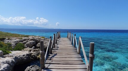 Obraz premium Wooden pier extending to turquoise sea, mountains background, tranquil summer scene, travel postcard