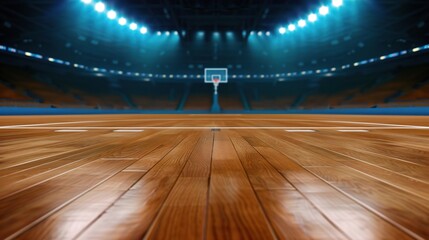 A wide shot of a basketball court from a low angle, showcasing the polished wooden floor and a distant hoop under bright arena lights. ground level shot