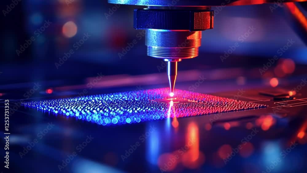 Poster automated industrial laser engraving machine working on microchip, creating intricate patterns with 