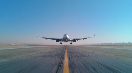 Passenger airplane taking off from the runway, bottom view, turbofan engines, dynamic perspective, clear blue sky, aviation, air travel, takeoff moment, air transport, airport.