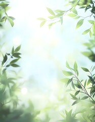A tranquil summer scene of blurred green leaves blending into a bright sky softly glowing with natural light.