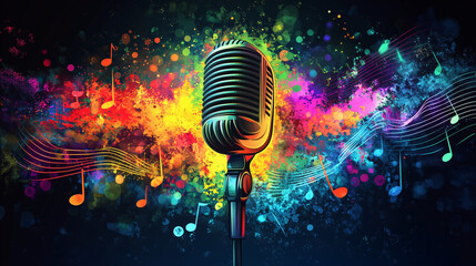 Illustrator design classic vintage microphone at the center emitting dynamic radio waves background is filled with colorful musical notes and sound waves symbolizing the power of radio communication.