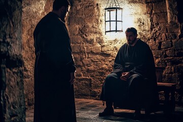 Inquisitor interrogating a suspected heretic in dimly lit chamber