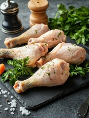 Boiled chicken meat with carrot and parsley. Low fat animal protein, healthy food lifestyle. Cutlery, salt shaker on stone concrete background, close up