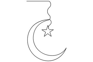 Continuous one line drawing of Crescent moon and star Ramadan isolated on white background outline vector art illustration
