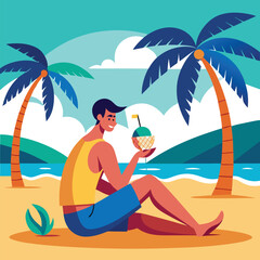 a man is enjoying the summer under the palm tree with a coconut