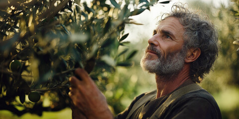 A mature Italian farmer picks olives from a tree in a sun-drenched grove, demonstrating a peaceful rural lifestyle with an emphasis on sustainability and traditional farming.