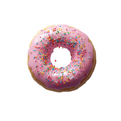 A vibrant pink donut with sprinkles sits alone on a crisp white background, surrounded by subtle...